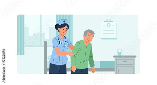 Nurse assisting elderly man in hospital room, healthcare, caregiving, support, medical help