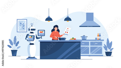 Professional kitchen setting where a female chef prepares a meal with the assistance of an advanced service robot holding digital recipe screens.