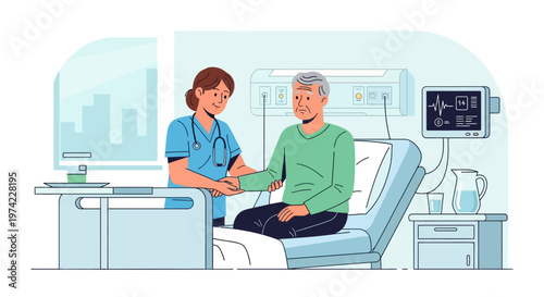 Nurse assisting elderly patient in hospital bed, medical care and support