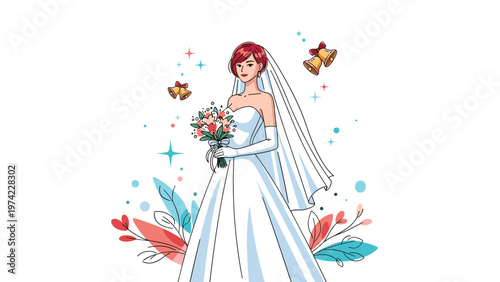 Elegant bride in a beautiful white wedding dress and long veil holding a bouquet of flowers, surrounded by celebratory bells and stars.