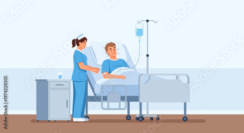 Nurse Caring for Patient in Hospital Bed with IV Drip