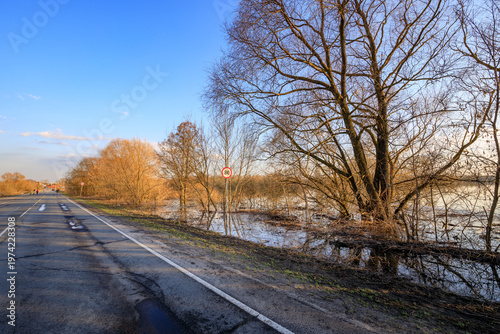 Flooded road beside autumn trees under clear blue sky