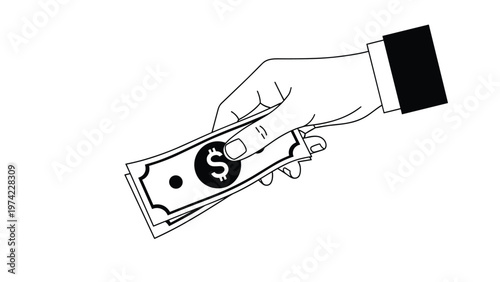 Minimalist black and white line art showing a human hand holding several paper dollar bills, symbolizing a payment, bribe, or donation.