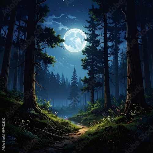 A serene forest path under a bright moonlit night