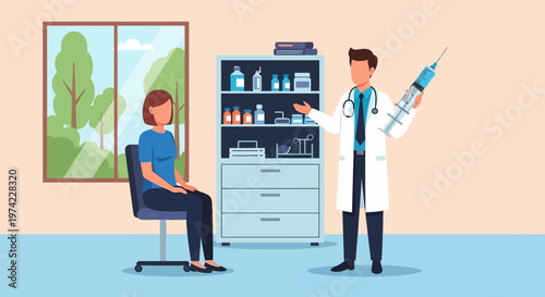 Doctor holding syringe talks to patient in clinic room, medical consultation, vaccination concept