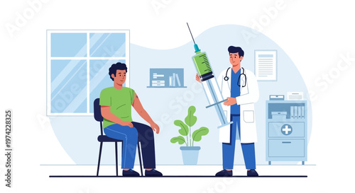 Doctor holding large syringe with green liquid preparing to vaccinate patient in clinic