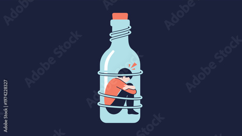 Person sitting in a hunched sad position inside a glass bottle wrapped with thick ropes, illustrating feelings of confinement or isolation.