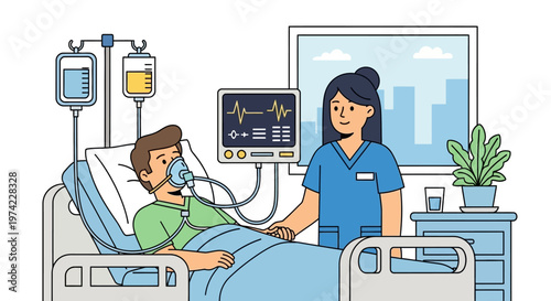 Nurse caring for patient in hospital bed with oxygen mask and monitor