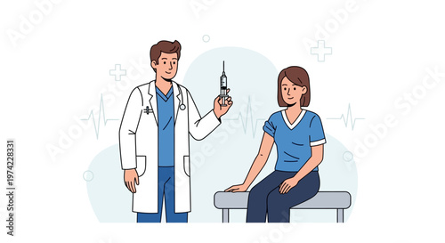 Doctor holding syringe for vaccination, patient sitting on chair, medical concept