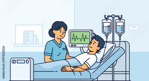Nurse caring for patient in hospital bed with vital signs monitor and IV drip