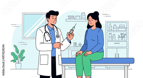 Doctor with syringe preparing vaccination for worried patient in clinic examination room