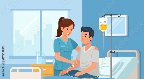 Nurse caring for patient in hospital room with IV drip, healthcare, medical assistance