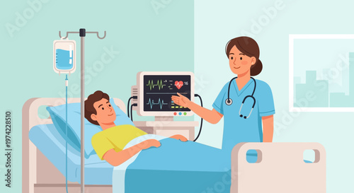 Nurse checks patient's vital signs on monitor in hospital room with IV drip