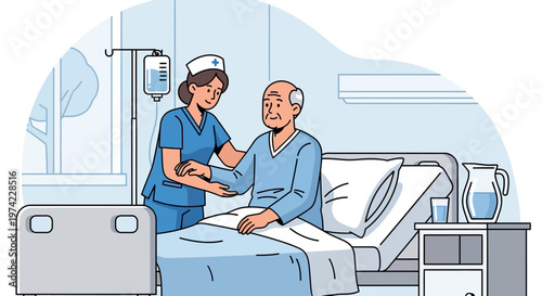 Nurse helping elderly patient in hospital bed with IV drip, care and medical assistance