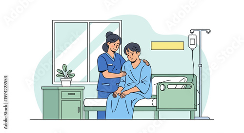Nurse comforting patient in hospital bed, care and support in healthcare setting