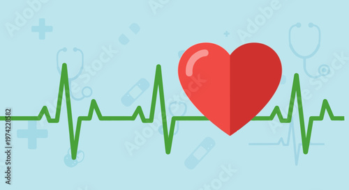 Red Heart and Green EKG Line on Light Blue Background with Medical Icons