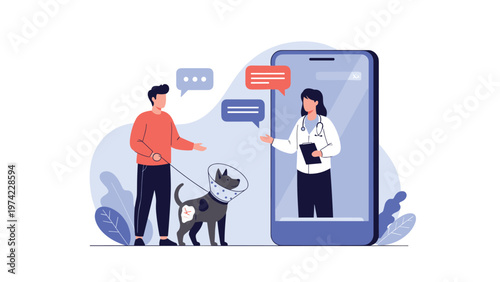Man using his smartphone for a remote veterinary consultation for his sick dog wearing a protective cone, with a female vet on screen.
