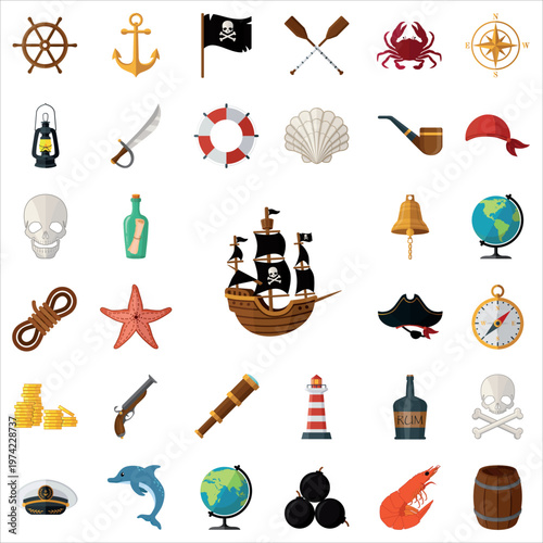 Pirate set. Pirate ship, pirate weapons, sailing equipment, pirate clothing. Colorful icons in a cartoonish and simple style for Design and web.