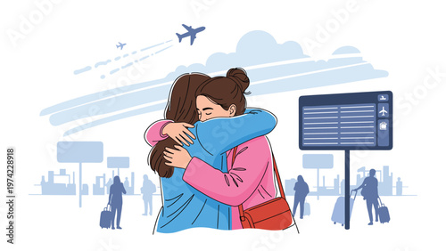 Two emotional female friends hugging at busy airport terminal while waiting for departure or celebrating arrival after long journey.