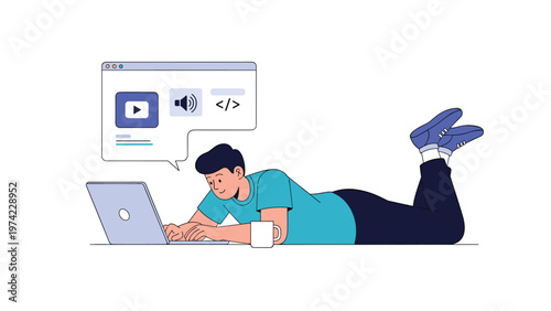 Young creative freelancer lying on floor with laptop working on video production and web coding projects in comfortable home office.