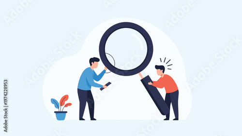 Two business people collaborating and using a massive magnifying glass to search for details and find solutions together.