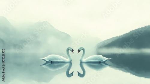 Two Swans in a Serene Misty Lake