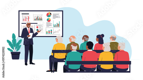 Senior presenter standing at a screen and explaining various charts and data to an audience of attentive older adults.