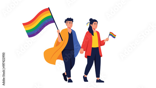 Two young individuals proudly walking together while carrying colorful rainbow pride flags as symbols of equality and love.