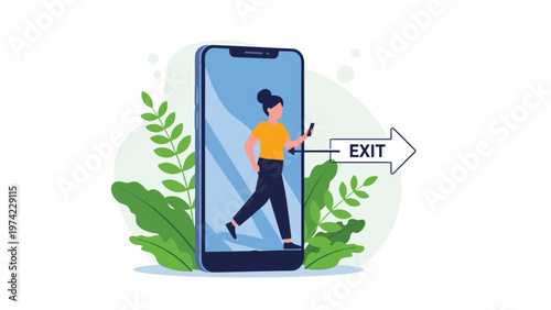 Illustration of a woman stepping out of a large smartphone screen and heading towards an exit to disconnect from technology.