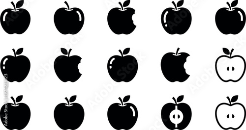 Black and white apple in various styles and orientations silhouettes fruit