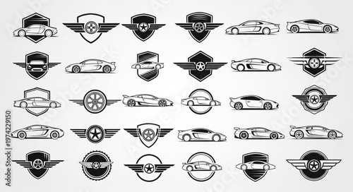 Collection of Car Logos and Emblems in Black and White.