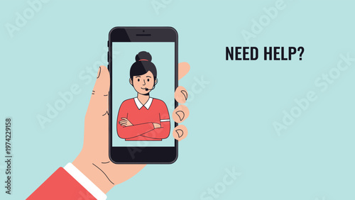 Close-up of a hand holding a mobile phone featuring a friendly online support assistant and an inquiry for assistance.