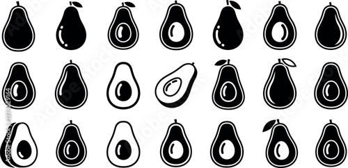 Black and white avocado in various orientations and cross sections pears fruit food