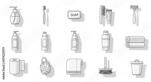 Bathroom Essentials Line Art - Soap, Shampoo, Razor, and More.