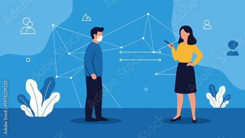 Man and woman wearing protective face masks and maintaining safe social distance as indicated by horizontal arrows.