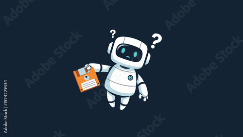 Adorable white robot looking confused while holding an old orange floppy disk and wondering about outdated technology.