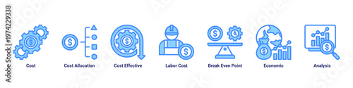 Cost Analysis web banner icon vector illustration with icons of Cost,Cost Allocation,Cost Effective,Labor Cost,Break Even Point,Economic and Analysis