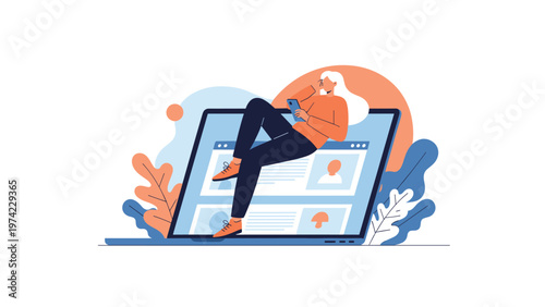 Young woman relaxing while sitting on a large laptop screen and focused on her mobile phone for digital entertainment.