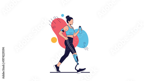 Determined female athlete with a blue prosthetic leg exercising and moving forward against a colorful abstract background.