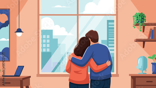 Young romantic couple hugging while looking out of large window at beautiful urban city skyline from their new apartment home.