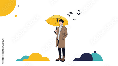 Stylish young man in coat holding yellow umbrella and looking up while birds fly across clear sky during calm autumn day.