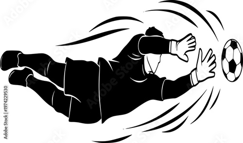 Goalkeeper Diving Save Silhouette Soccer Defense Match World Cup Black Vector
