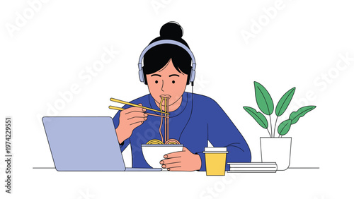 Focused woman wearing headphones and eating a bowl of noodles with chopsticks while working at her desk with a laptop.