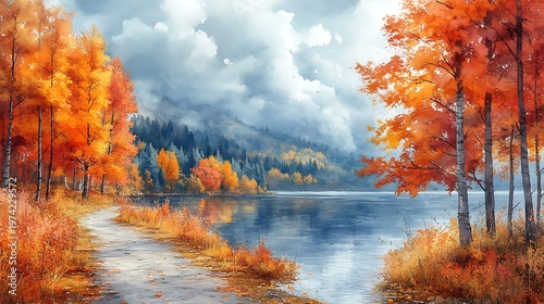 Autumn lake landscape painting