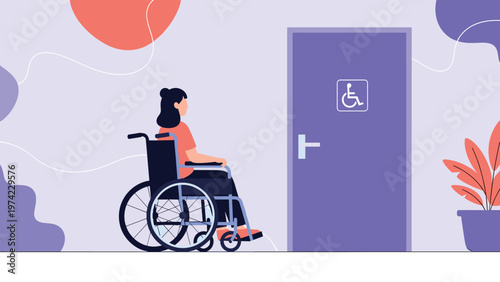 Independent woman in wheelchair approaching accessible entrance marked with international symbol of access in modern public building.