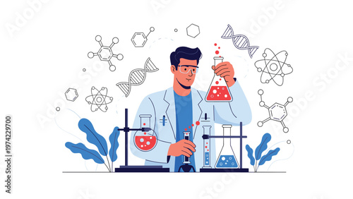 Focused male scientist wearing glasses and conducting an experiment with colorful liquids in a laboratory with scientific symbols.
