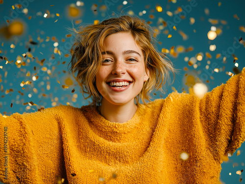 Smiling young woman celebrating against a background of sparkles