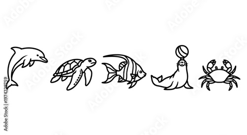 Sea creatures line drawing marine animals.