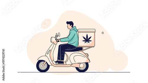 Fast delivery service worker riding scooter with transport box marked with medical cannabis leaf symbol for specialized courier fulfillment.