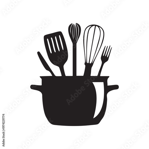 A black and white picture of a kitchen utensil set silhouette